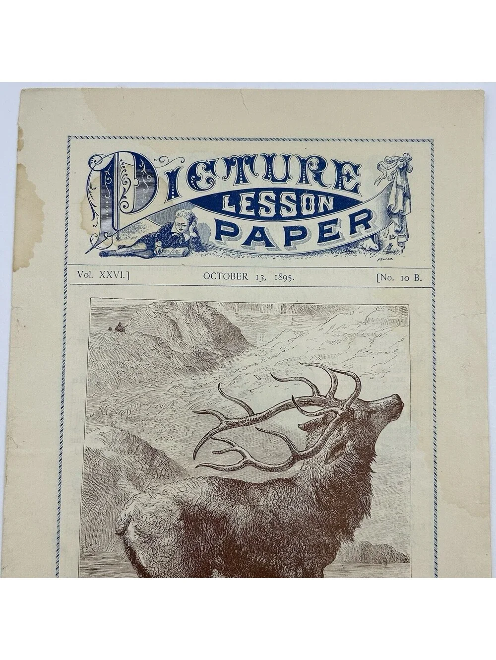 Antique 1895 Picture Lesson Paper Sunday School Childrens Weekly Stag Print  C18
